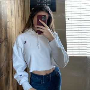 CHAMPION White Cropped Hoodie